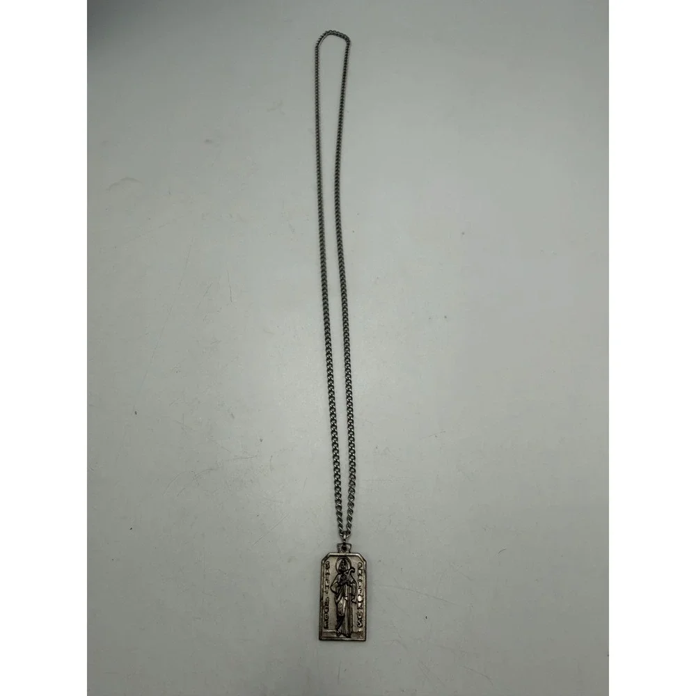 Saint Jude Pray For Us Religious Medal Pendant Necklace Silver Tone Curb Chain